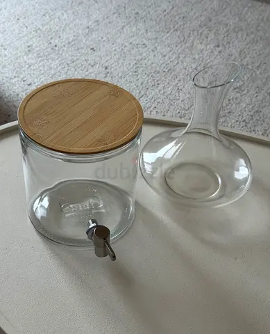 IKEA Jar with tap, bamboo/clear glass and Cabilock Wine Decanter