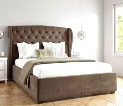 King Size Upholstered Bed Frame with Tufted Wingback Headboard - Brown