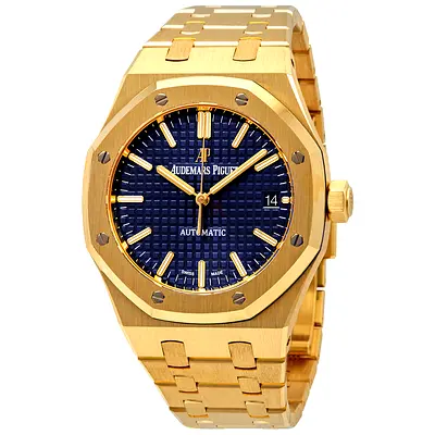 This Audemars Piguet Royal Oak (Ref. 15450BA.OO.1256BA.02) features a 37mm 18k yellow gold case and