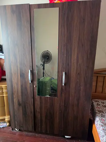 3-door Wooden Wardrobe with Mirror - Good Condition