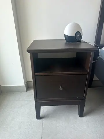 Dark wood bedside table / nightstand with single drawer and shelf