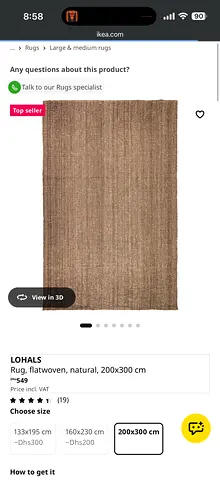IKEA LOHALS Natural Flatwoven Rug 200x300 cm - Good Condition