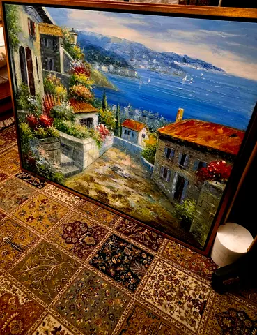 Framed Seaside Village Original Oil Painting on Canvas. Vintage Coastal Landscape. AED. 990 For Both