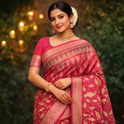 Pink Banarasi Silk Saree with Gold Motif Work