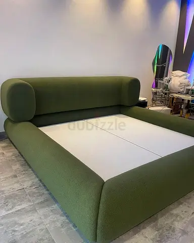 Modern Olive Green Upholstered King Bed Frame with Padded Headboard