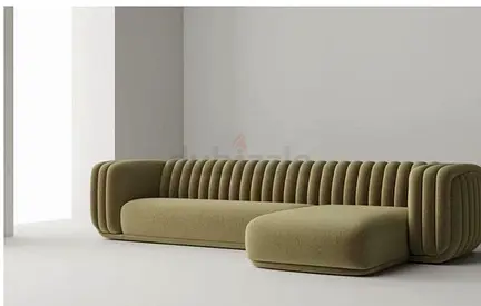 Customised Modern Olive Green Ribbed L-Shaped Sectional Sofa