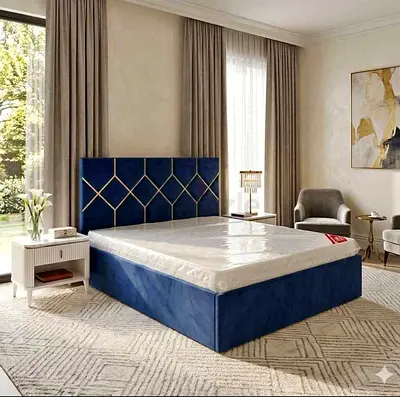 New Blue Upholstered King Bed with Geometric Headboard