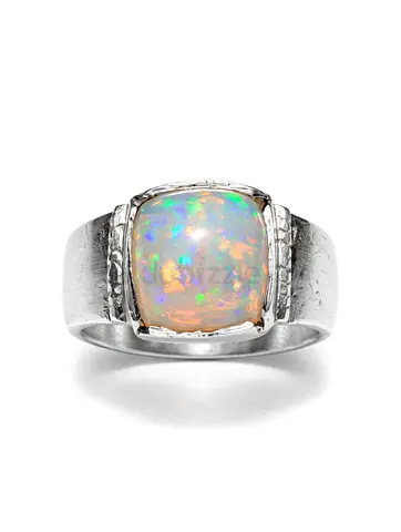 Sterling Silver Men's Opal Ring - Cushion Cabochon Centerstone