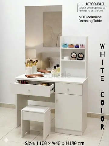 White MDF Melamine Dressing Table with Mirror and Stool - L100 x W40 x H180 cm
