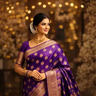 Purple Silk Saree with Gold Zari Work