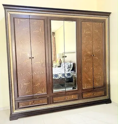 Large Ornate Wooden Wardrobe with Mirrored Doors - Excellent Condition