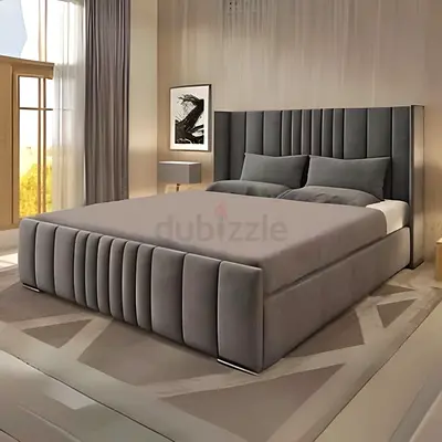 Modern Grey Upholstered King Size Bed with Fluted Headboard