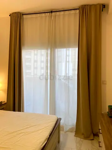 Beige blackout curtains with sheer liners - set for sliding door