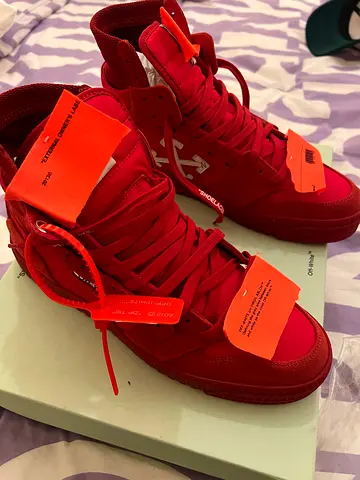 Red Off-White style high-top sneakers, barely worn