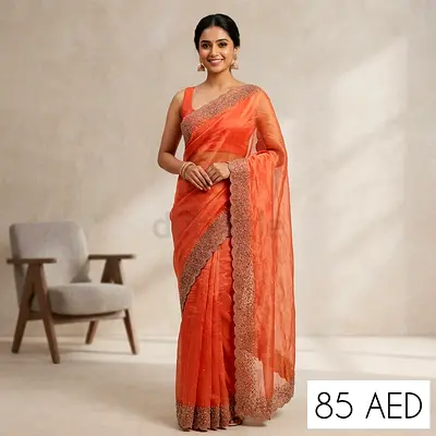 Elegant Orange Saree with Lace Border