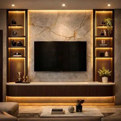 Modern built-in entertainment center with LED shelving and marble backdrop