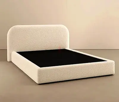 Beige Upholstered Double Bed Frame with Curved Headboard