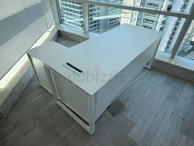 White L-shaped Office Desk with Drawers and Shelves - Good Condition