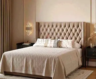 Queen tufted upholstered bed with tall headboard - beige