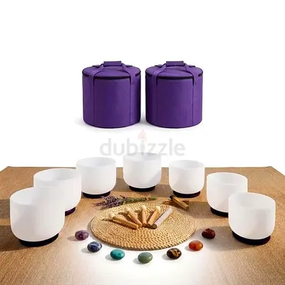 Set of 7 Crystal Singing Bowls with Mallets and Carry Bags, 8"-14"