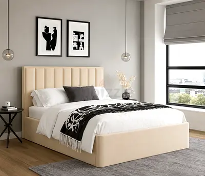 New Beige Upholstered Bed Frame with Padded Headboard - Queen/King Size
