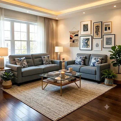 Pair of comfortable grey sofas in living room (set)