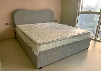 Grey fabric double bed with mattress - good condition