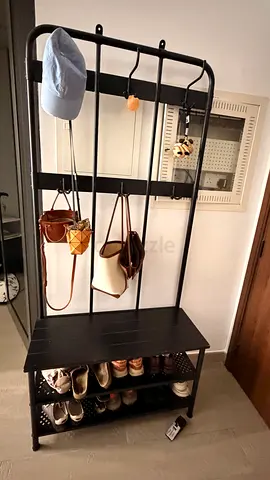 Black Metal Hallway Coat Rack with Shoe Storage and Bench