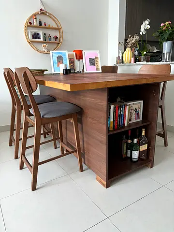 Solid Wood Dining Table with Built-in Storage and 4 Chairs - Walnut Finish