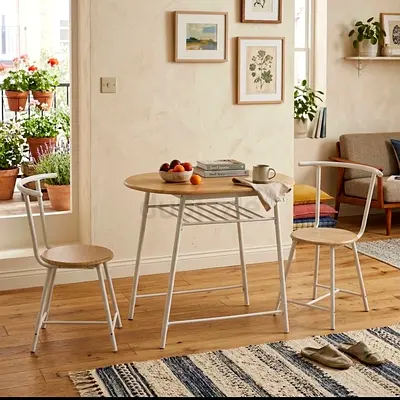 Compact 3-Piece Breakfast Table Set with Two Chairs - Light Wood & White Frame