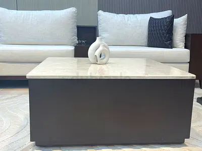 Modern Coffee Table with Stone Top & Dark Wood Base