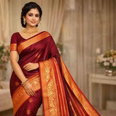 Maroon Silk Saree with Gold Zari Border