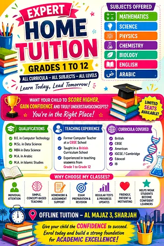 HOME TUITION -Mathematics | Science | Physics | Chemistry | Biology | English | Arabic - GRADES 1-12