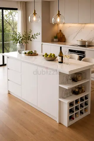White Marble Top Kitchen Island with Built-in Wine Rack and Storage