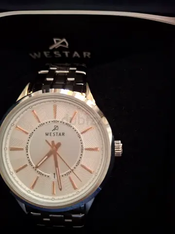Westar stainless steel mens wristwatch - silver bracelet, rose-gold markers