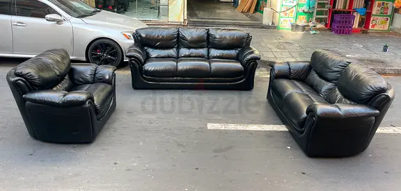 Black leather 3-piece sofa set (3-seater, 2-seater, armchair) - good condition