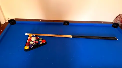 Blue Felt Pool Table with Cues and Full Ball Set