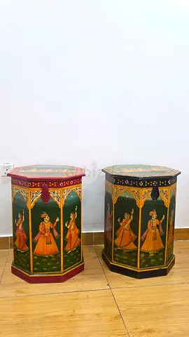 Pair of Hand-Painted Rajasthani Wooden Storage Chests / Side Tables – Vintage Indian Decor