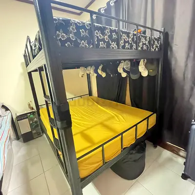 Metal Double Decker Bunk Bed with Queen Lower and Queen Upper - Black