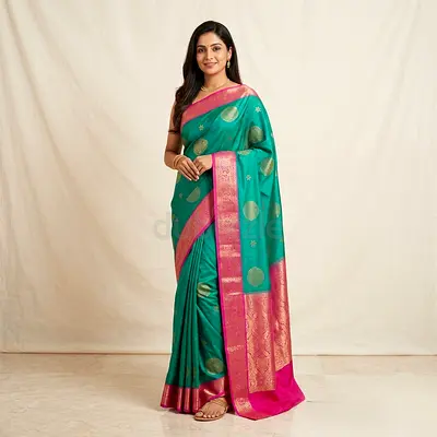 Green silk saree with pink zari border