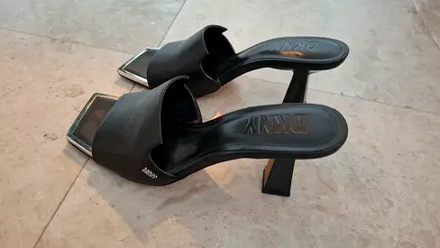 DKNY Black Leather Slip-on Heeled Sandals, Size Unknown - Lightly Used