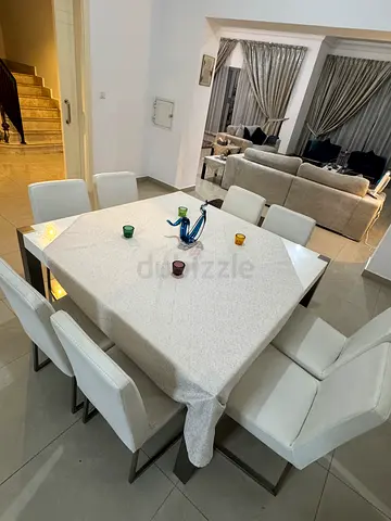 Dining table with 8 upholstered chairs - modern white set