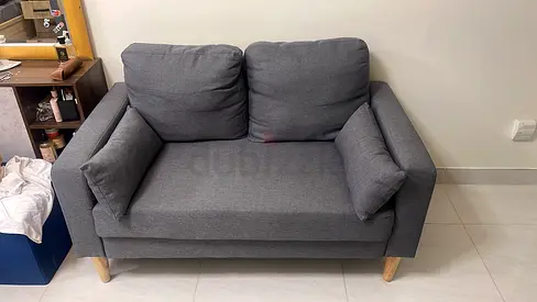 Compact 2-seater Grey Sofa with Wooden Legs — Good Condition