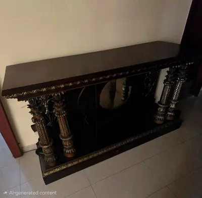 Large Ornate Wooden Console Table with Decorative Columns
