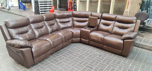 Brown leather 6-seater reclining corner sofa with cup holders