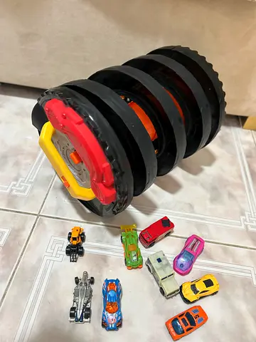 Toy car carrier roll with 10 toy cars - used