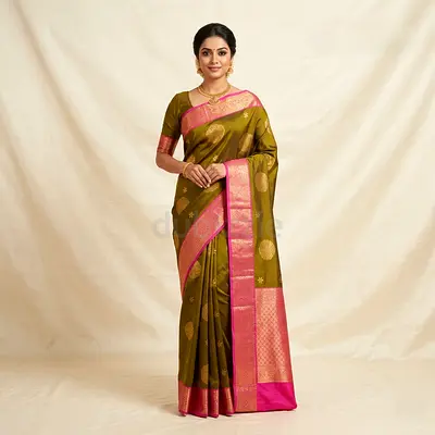Olive Green Silk Saree with Pink Zari Border