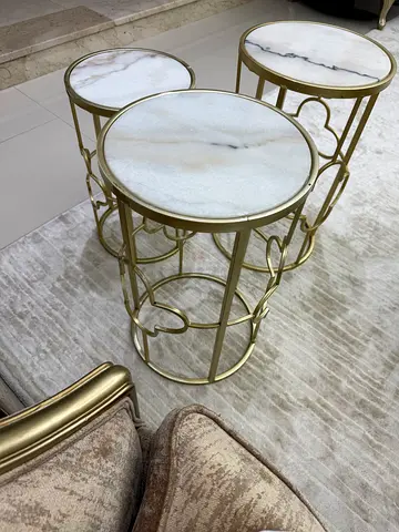 Set of 3 Gold Frame Nesting Marble Top Side Tables
