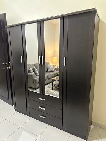 Dark Brown 4-Door Wardrobe with Mirror and 3 Drawers - Good Condition