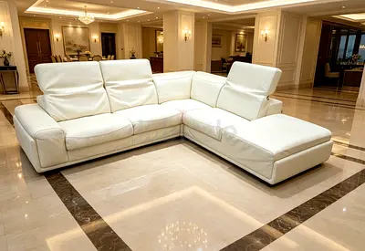 White Leather L-Shaped Corner Sofa with Chaise - Good Condition